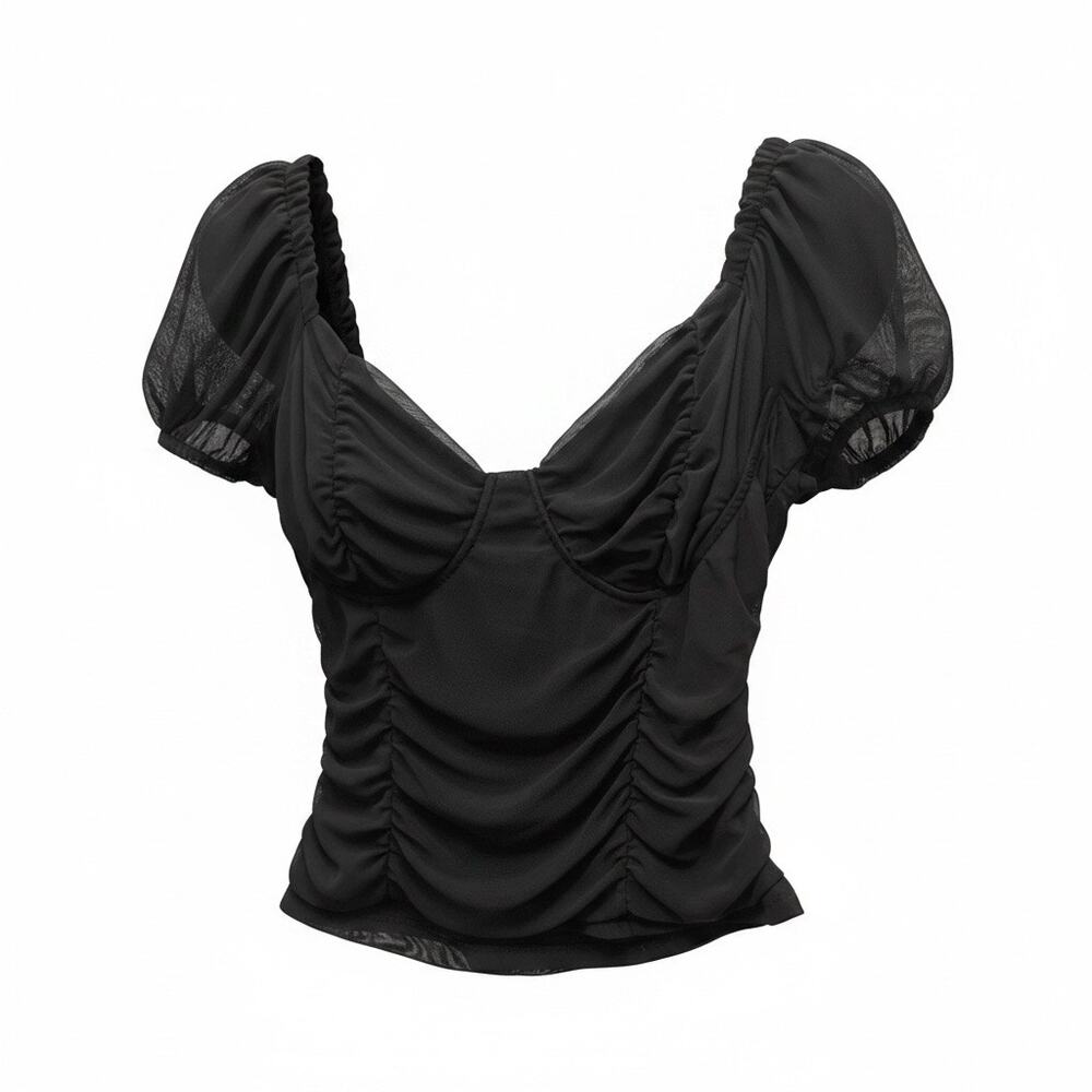 Rue+ Black Mesh Ruched Overlay Puff Sheer Sleeves Milkmaid Crop Top 1X Goth